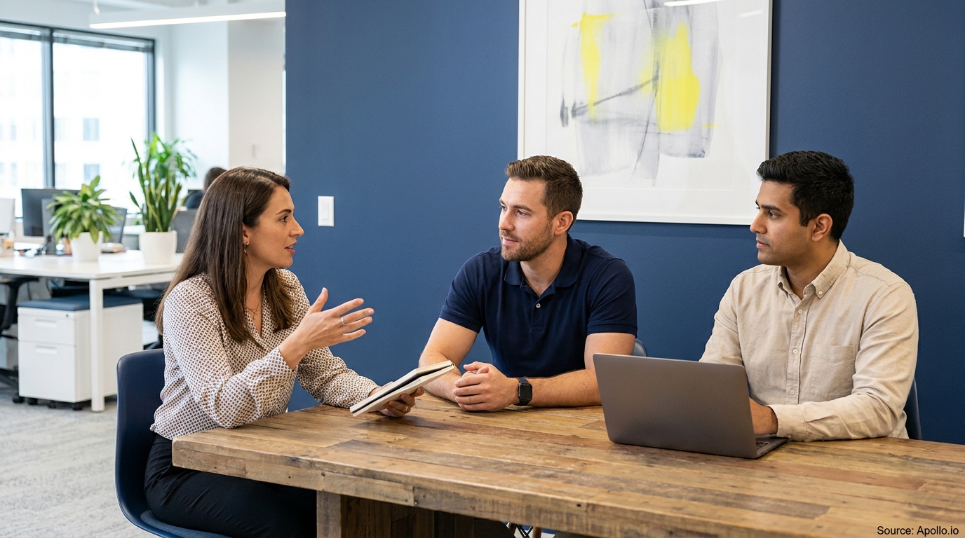 Three professionals discussing strategy at a wooden table in a modern office.