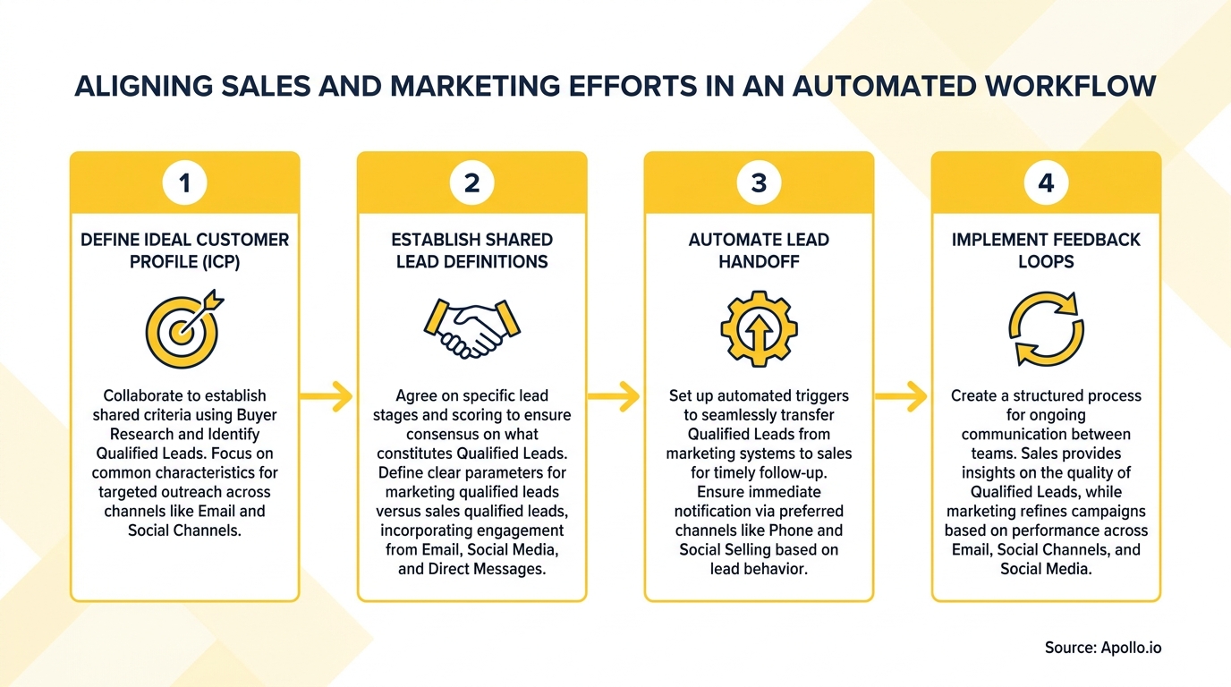 A four-step diagram illustrates aligning sales and marketing efforts in an automated workflow.