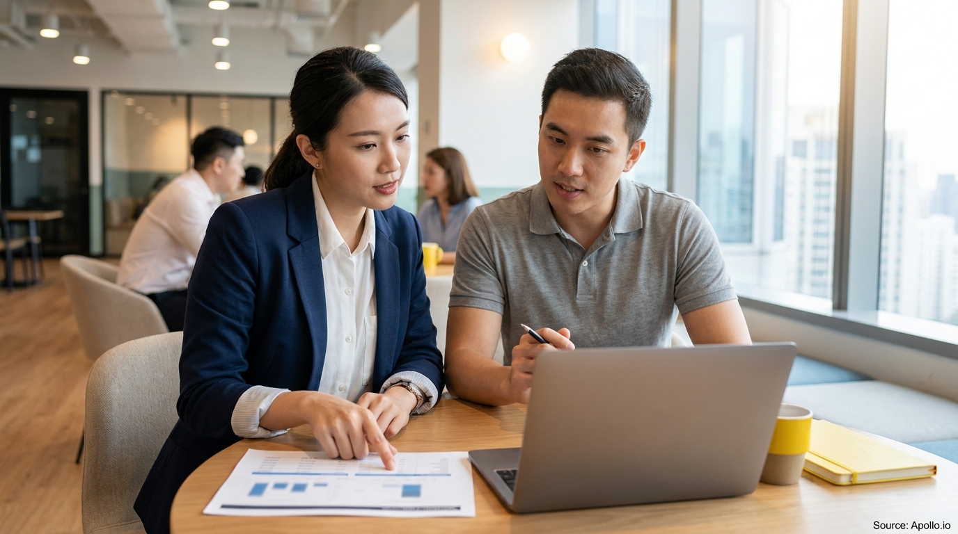 Two professionals discussing data on a laptop and document in a bright, modern office.