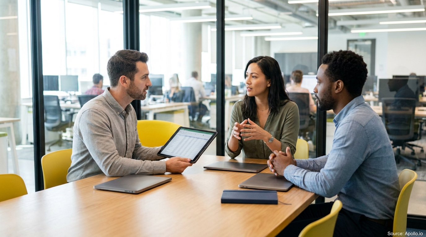 Three professionals discussing data on a tablet at a modern office table.