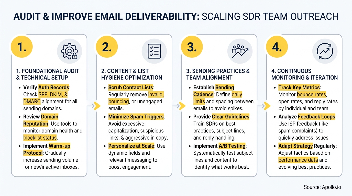A four-step infographic outlines auditing and improving email deliverability for outreach teams.