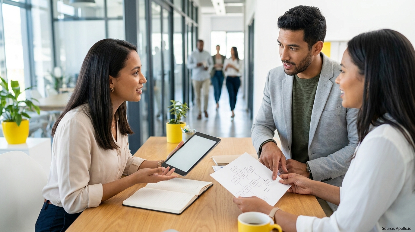 Three business professionals discuss a flowchart and tablet at a modern office table.