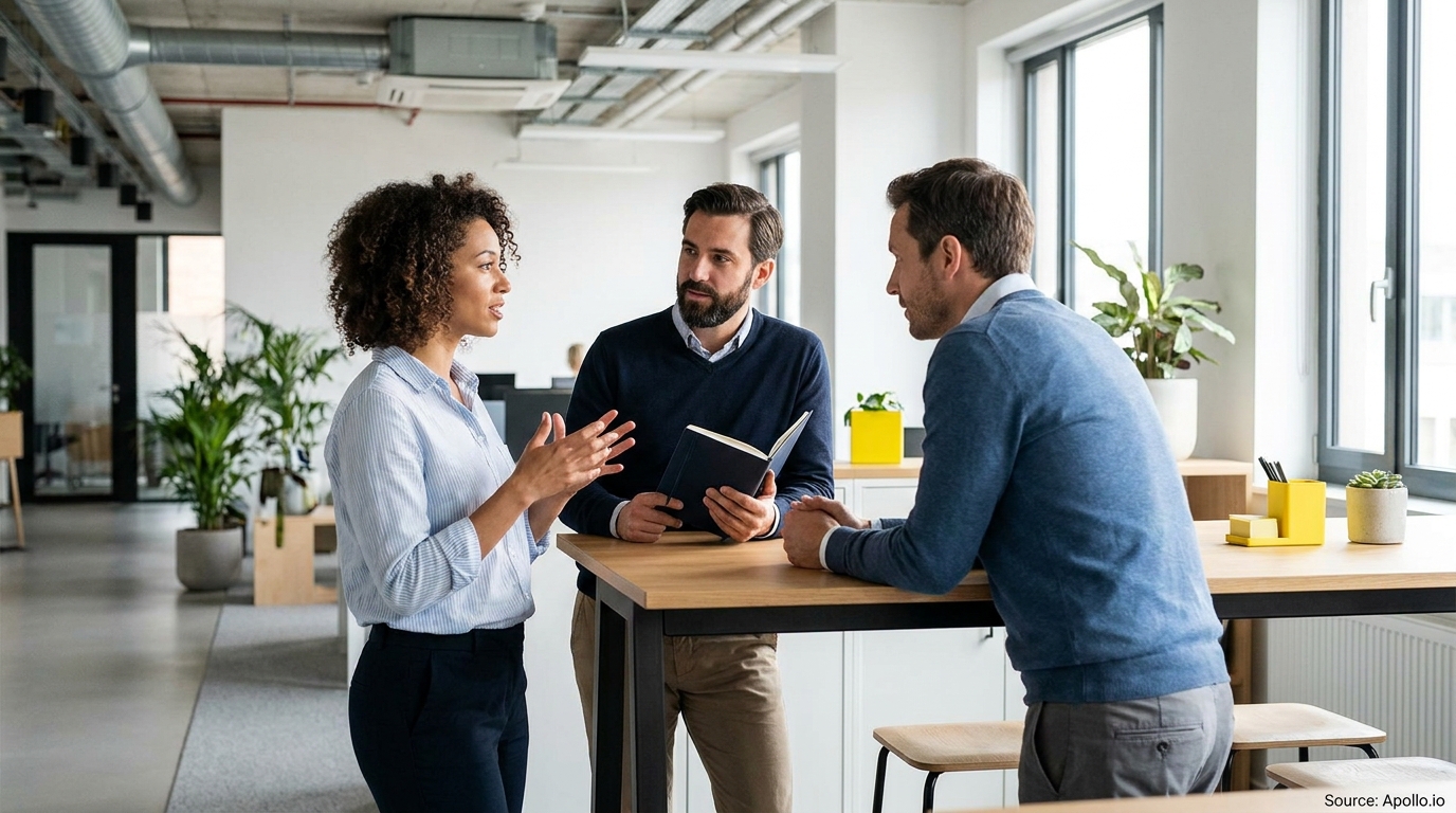 Three professionals discuss ideas at a modern office table, one holding a notebook.