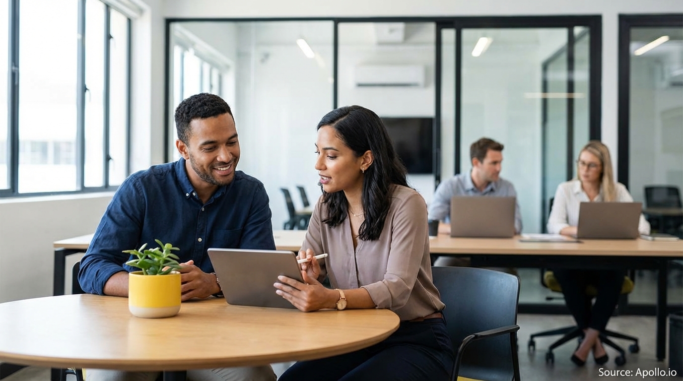 Two colleagues discuss a tablet at a modern office table while others work in the background.