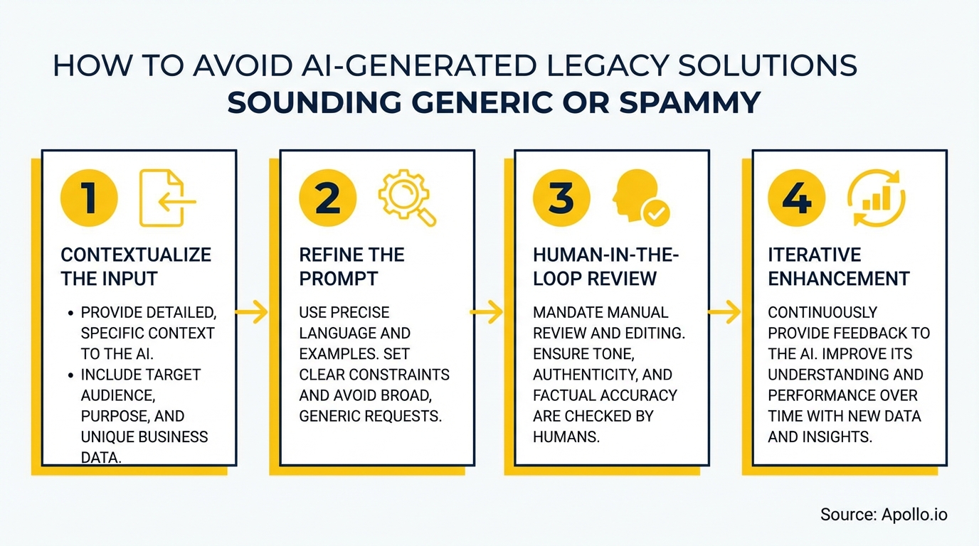 Four-step diagram with icons explaining how to prevent AI content from sounding generic or spammy.