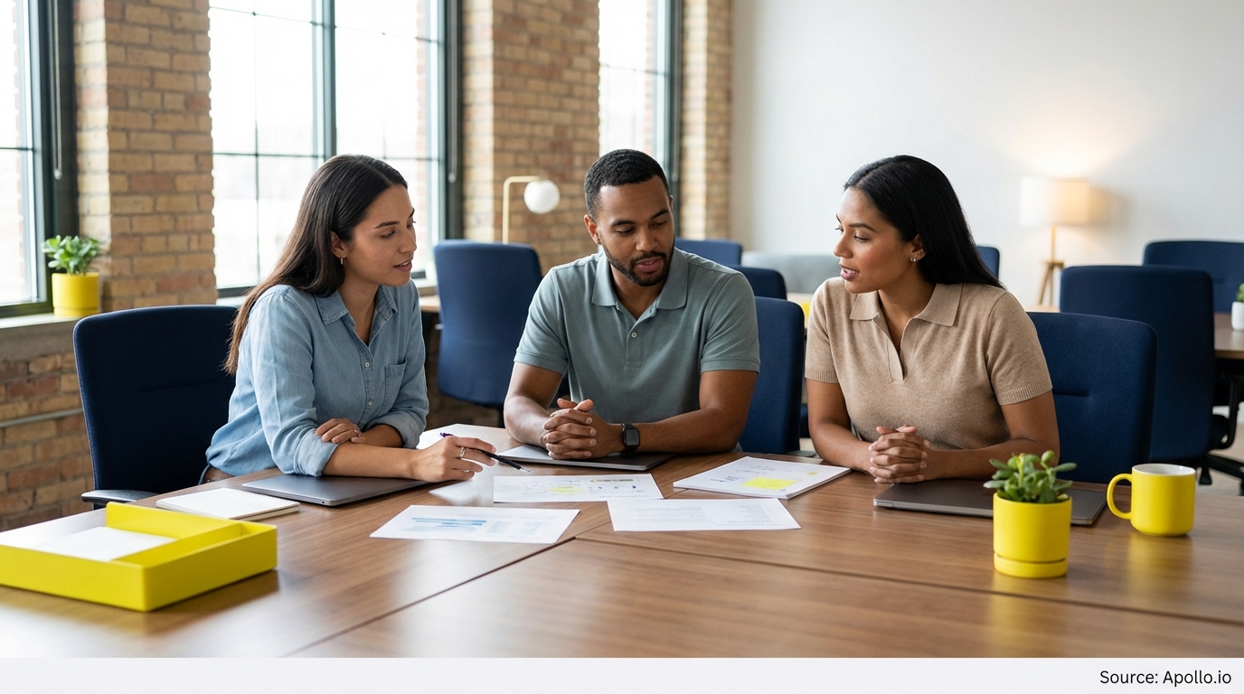 Three diverse professionals discuss documents at a modern office table with yellow accents.