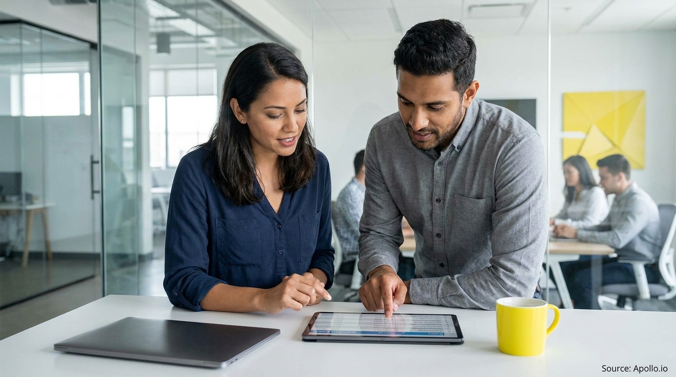 Two colleagues point at a tablet displaying information in a modern office.