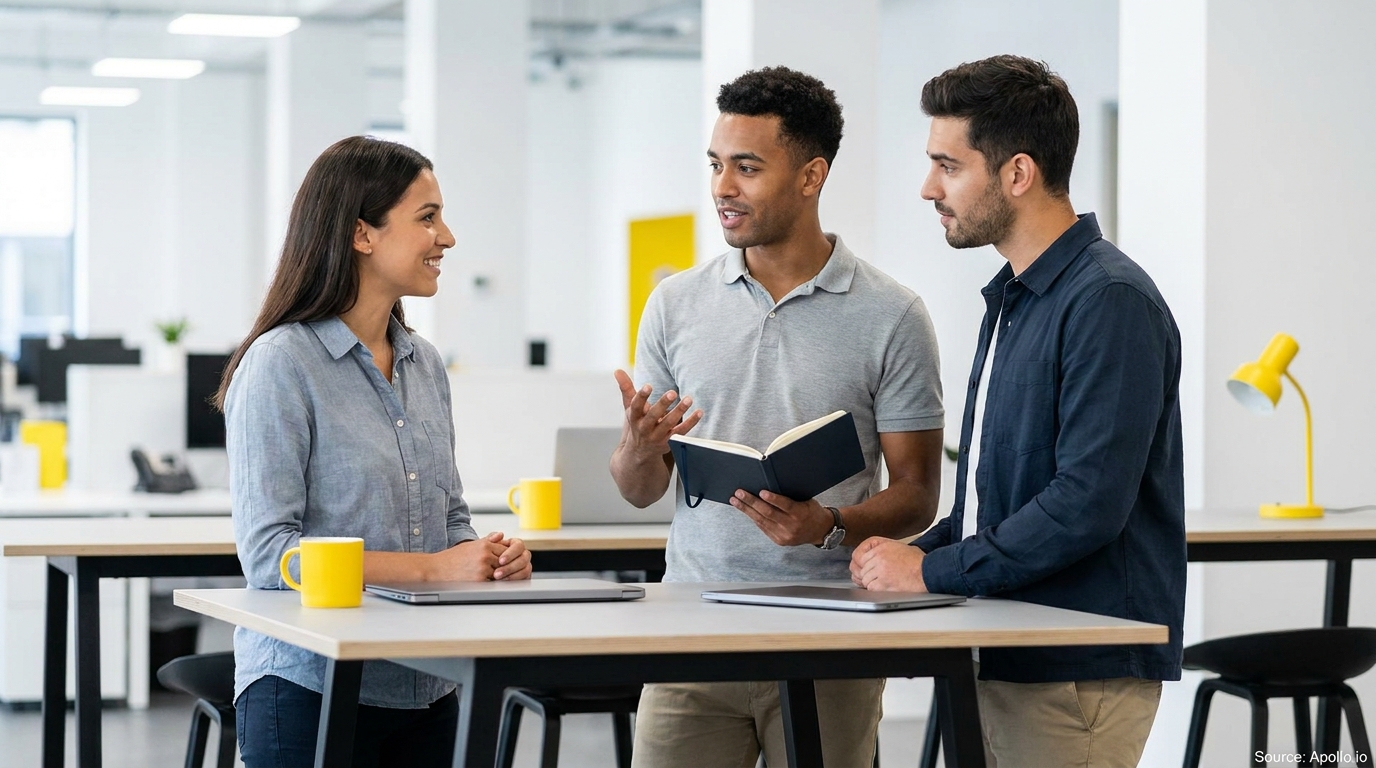 Three professionals stand discussing at a modern office table, one holding a notebook.