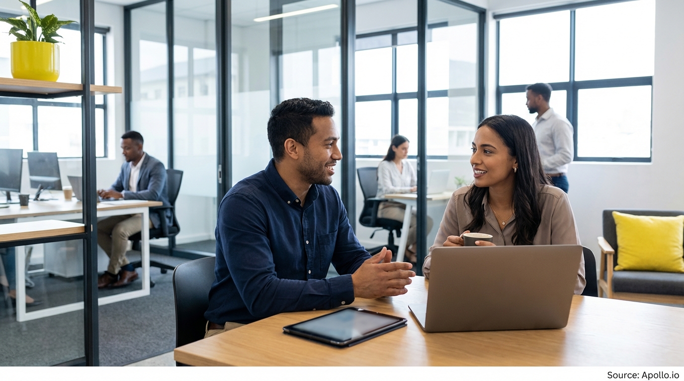 Two diverse colleagues discuss at a modern office table, with others working.