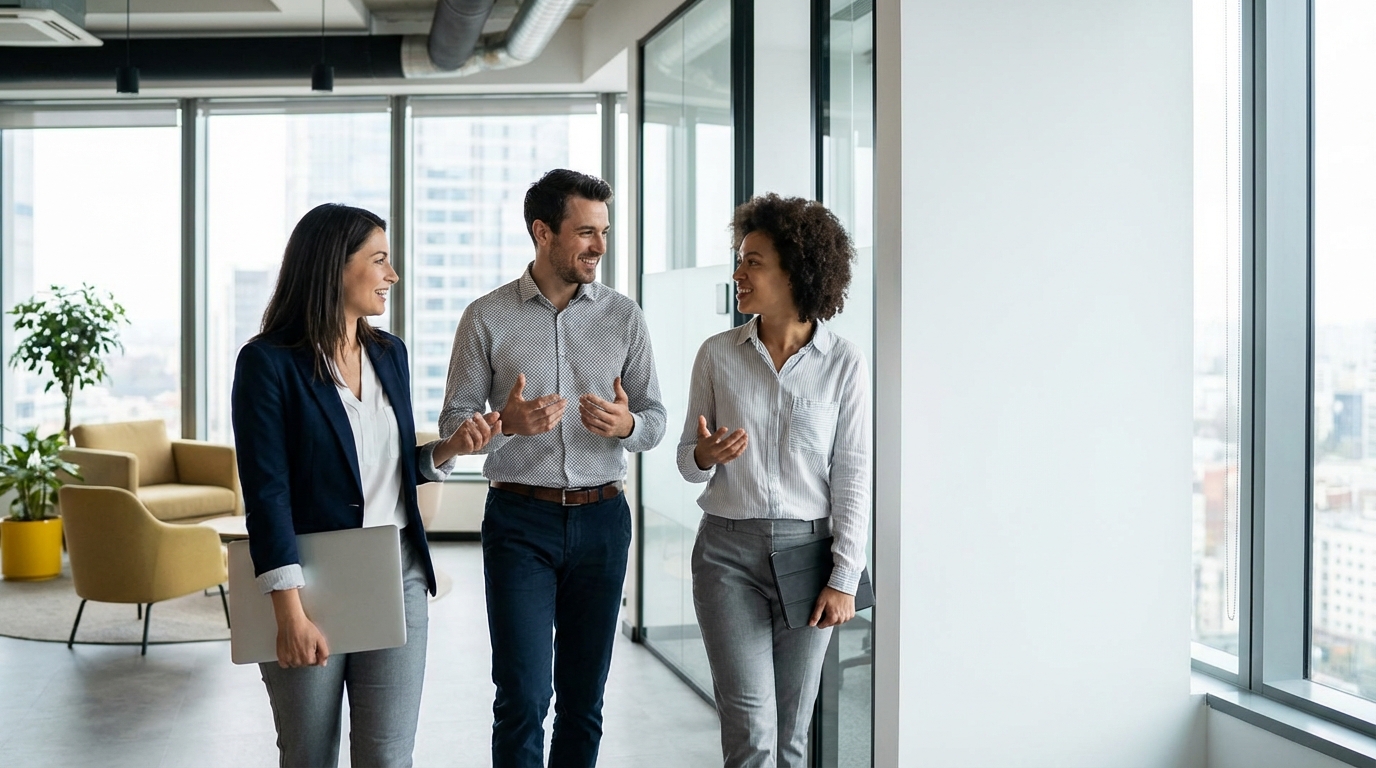Three colleagues smiling and talking while walking through a modern office.