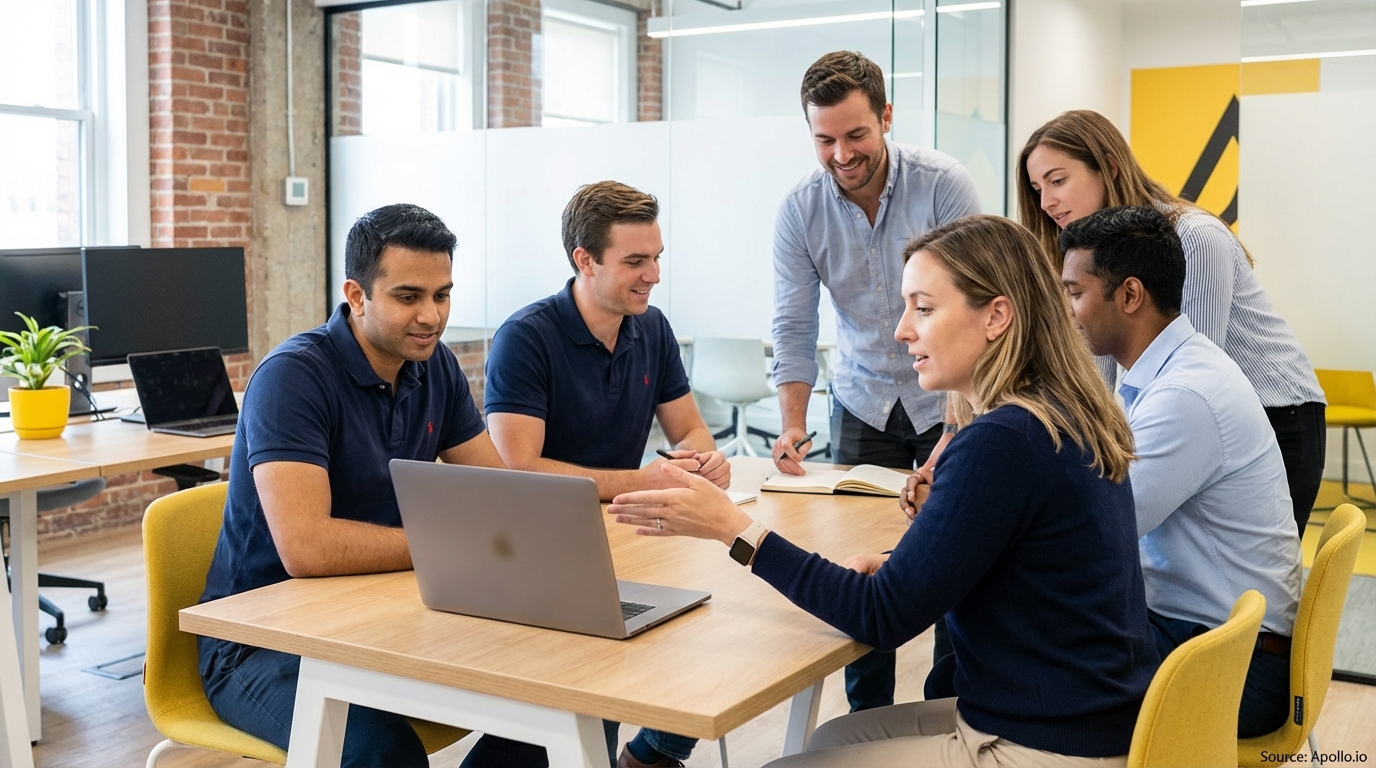 Six diverse professionals actively discuss strategy around a laptop at a bright office table.