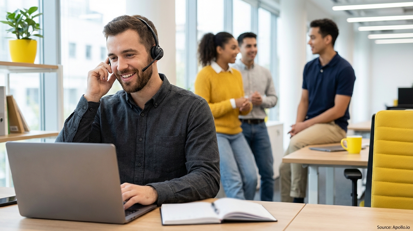 Man on headset works on laptop while three colleagues chat in a modern office.