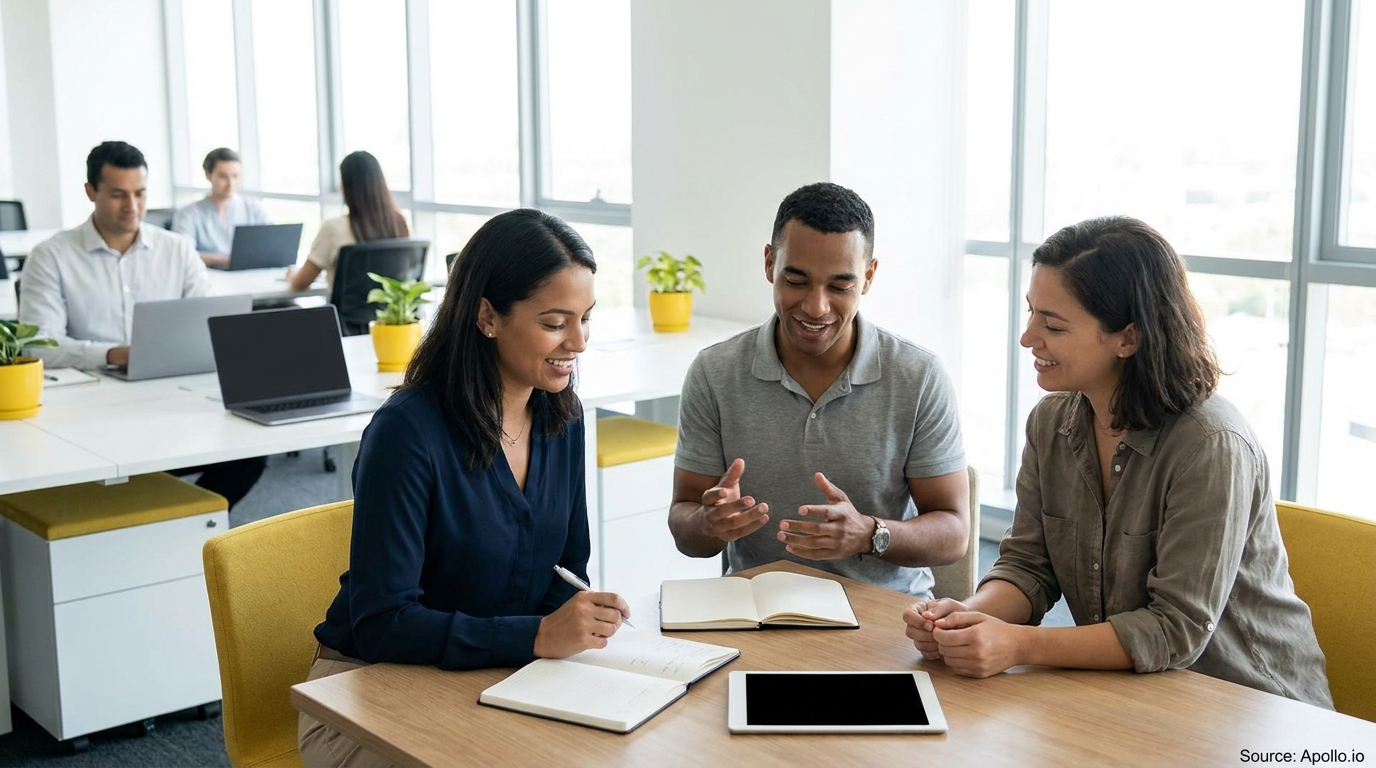 Three colleagues discuss ideas at a bright office table, others working in the background.