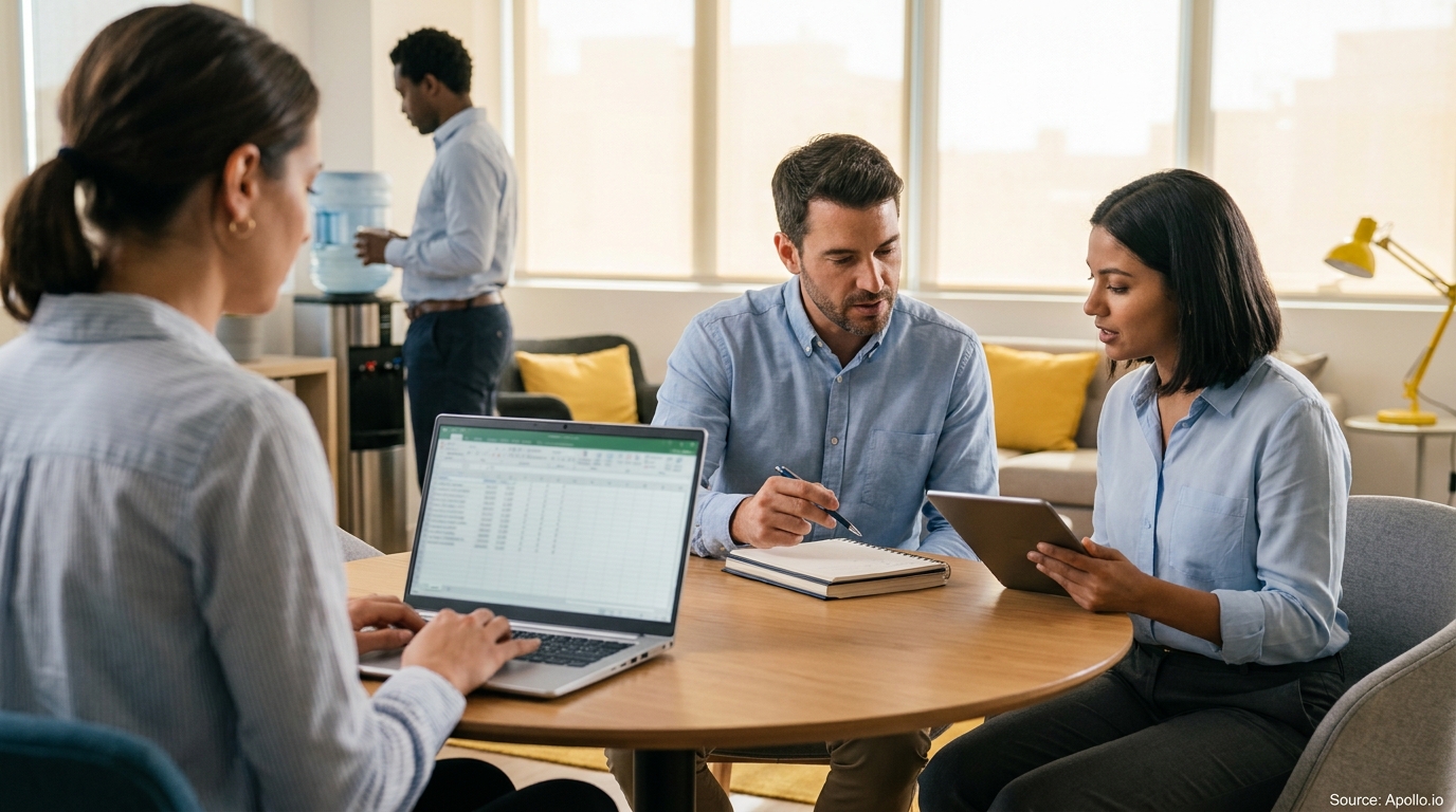 Four professionals working in a modern office, two discussing at a table, one typing, another getting water.