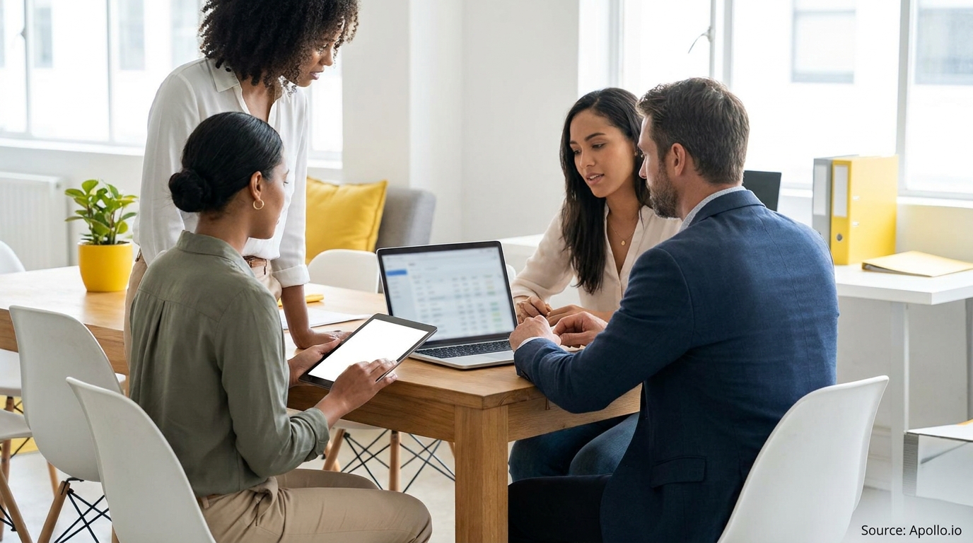 Four professionals discuss work around a wooden table with a laptop and tablet in an office.