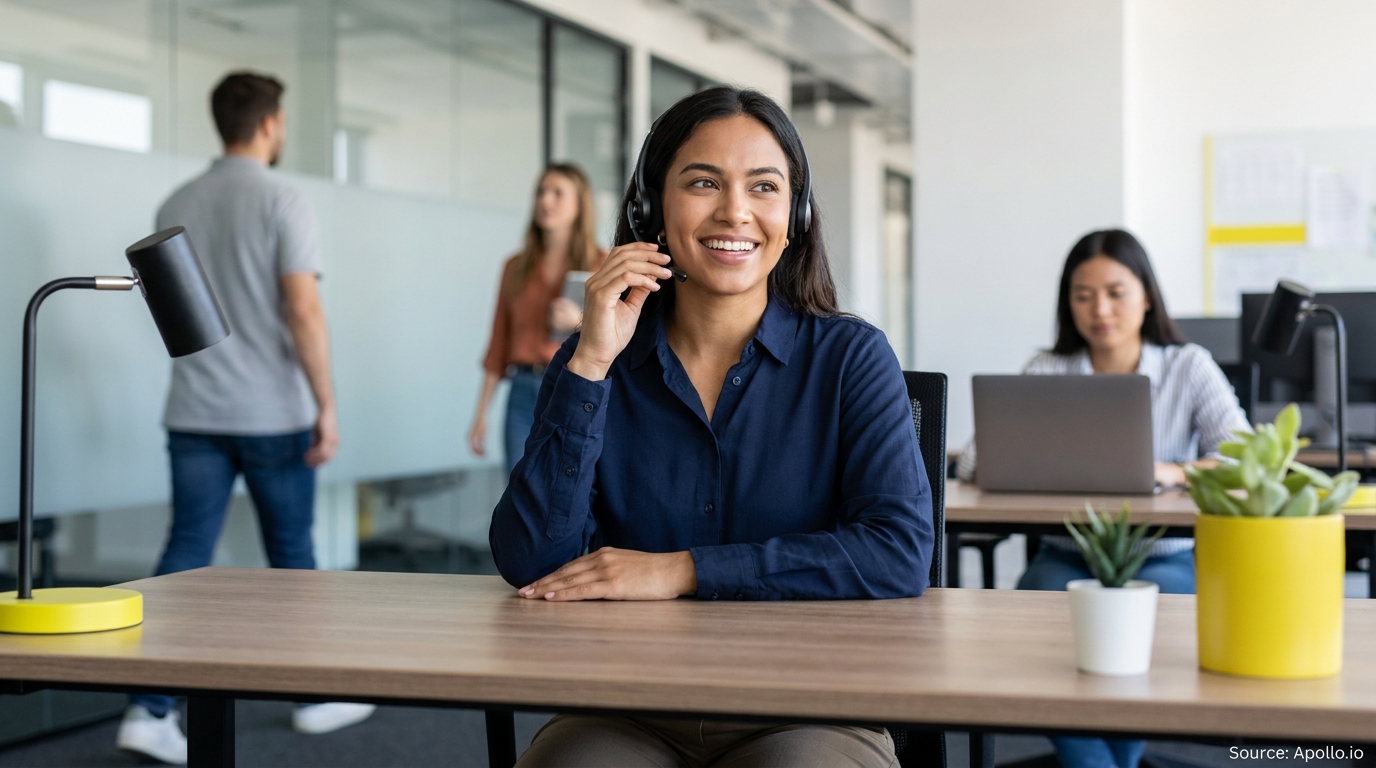 Smiling woman wearing a headset works at a desk in a modern office.