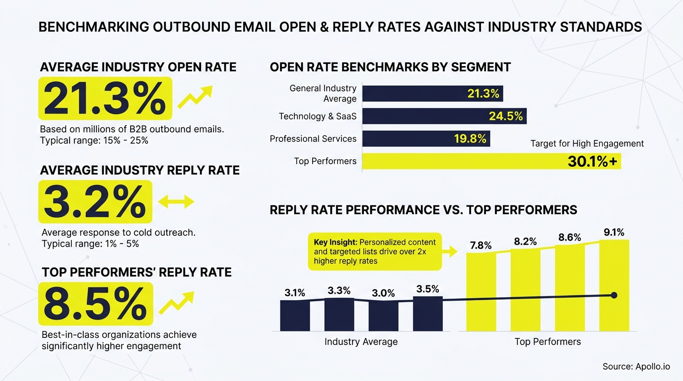 Chart showing outbound email open and reply rate benchmarks against industry averages and top performers.