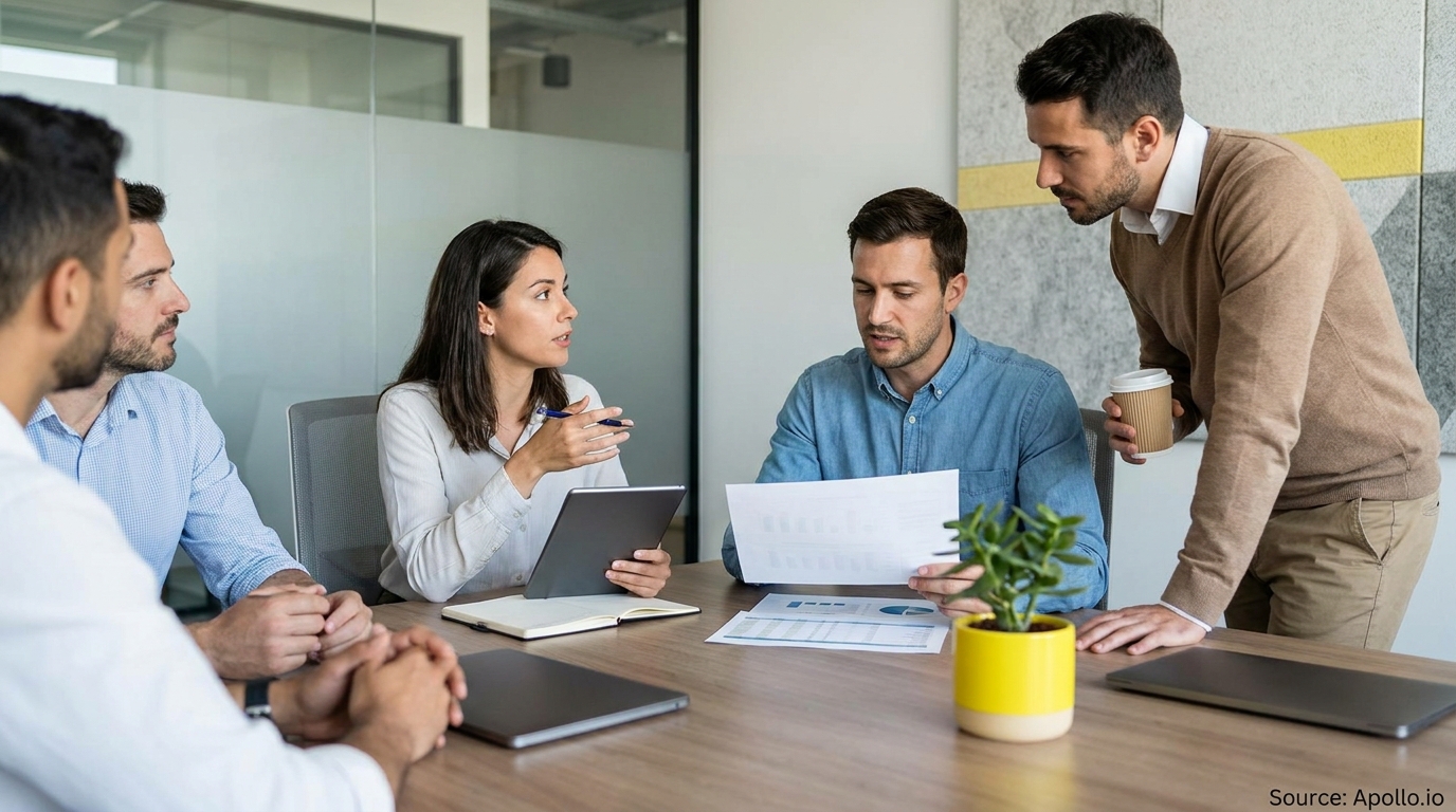 Five professionals discuss documents and a tablet at a modern office meeting table.