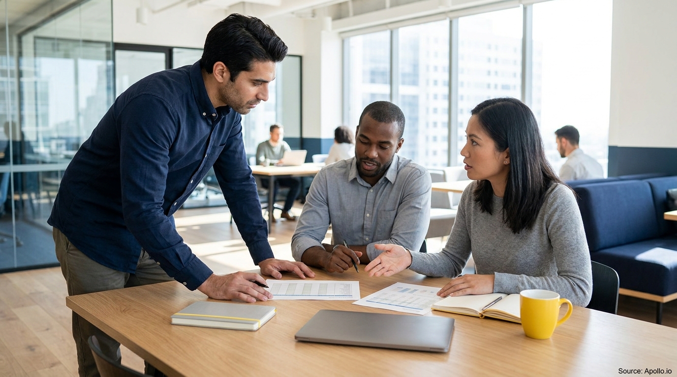 Three colleagues review and discuss documents at a modern office table.