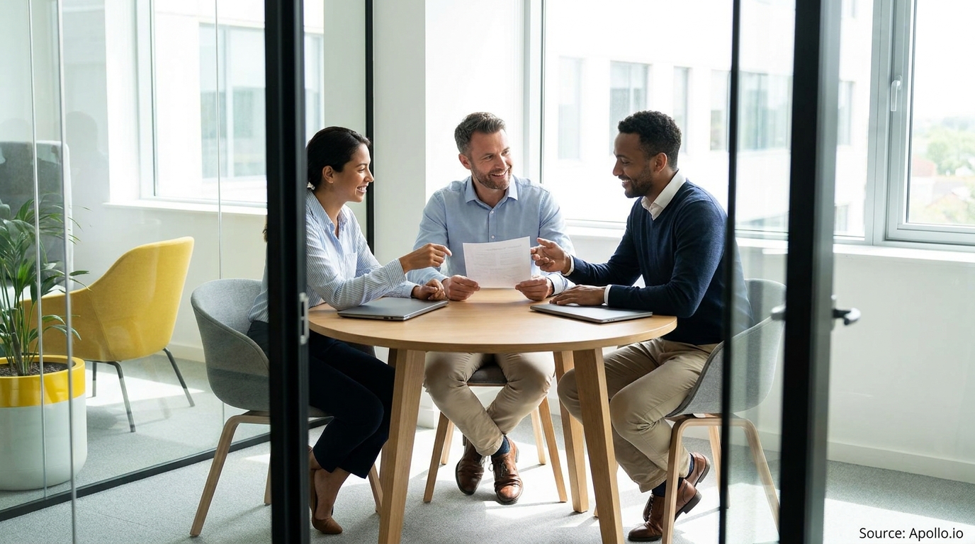 Three diverse professionals discuss a document at a modern office table.