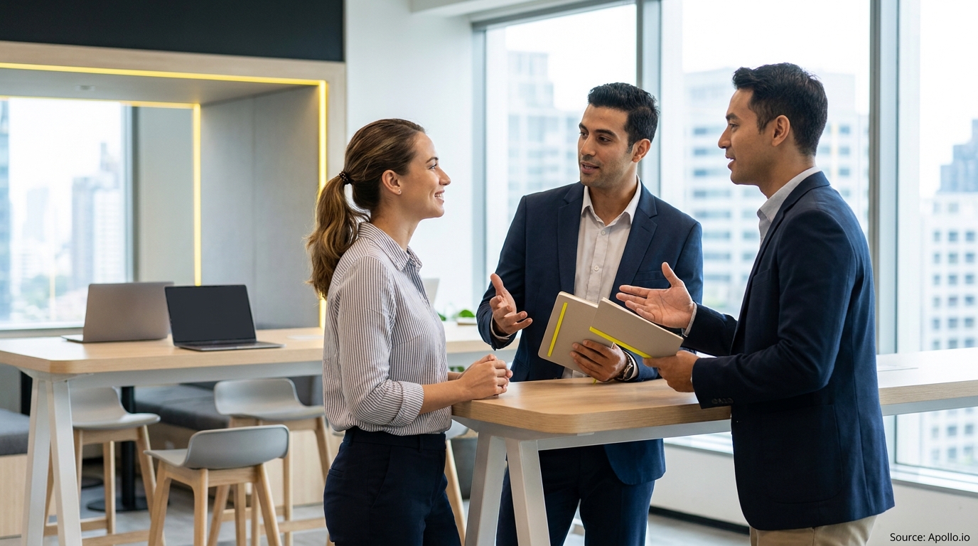 Three colleagues collaborating at a modern office standing desk.