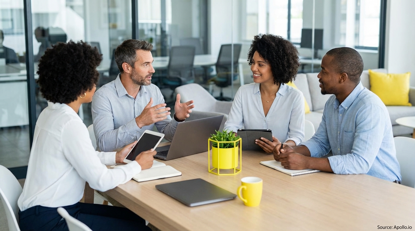 Four diverse professionals collaborating at a modern office table.
