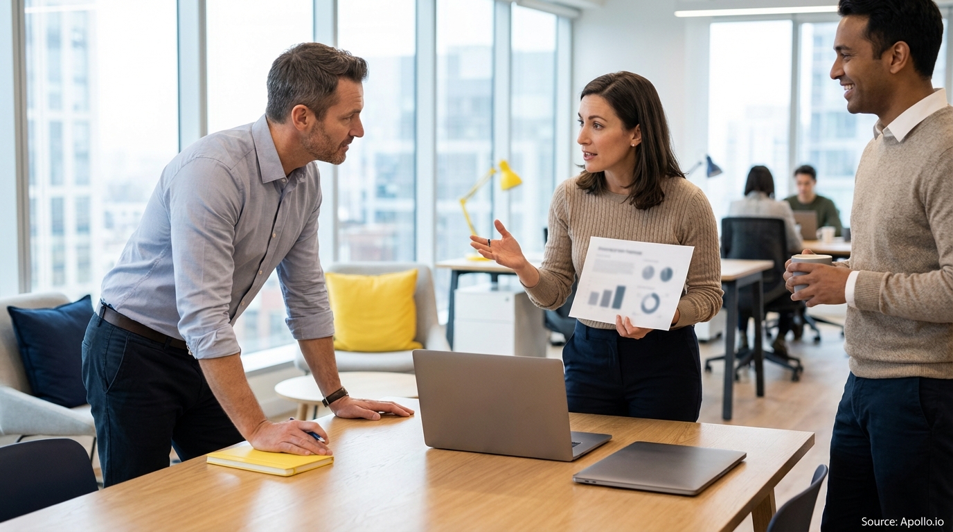 Three professionals discuss charts and strategy in a bright modern office.