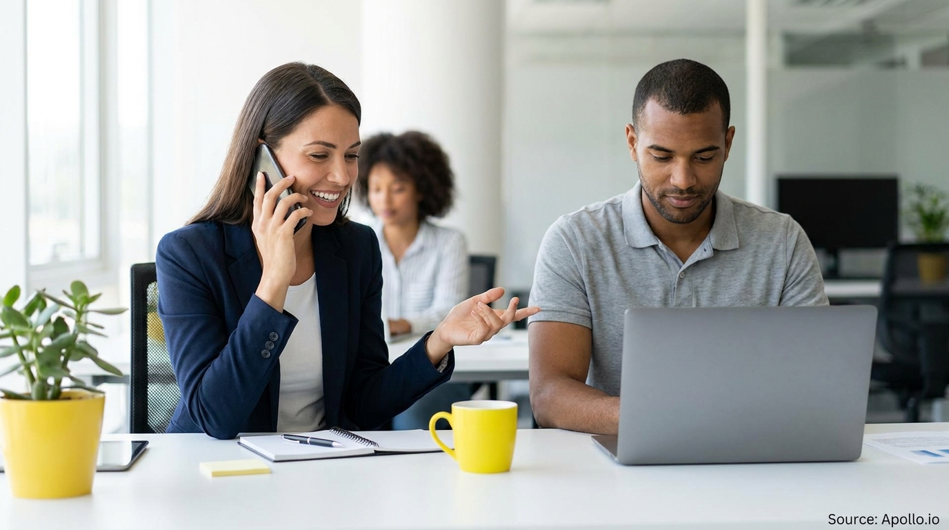 Three people working in a bright modern office, one talking on the phone, one on a laptop.