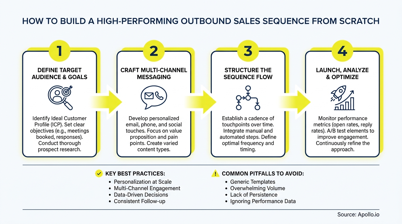 A four-step flowchart demonstrating how to build an outbound sales sequence, including best practices and pitfalls.