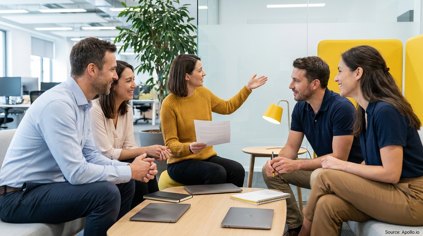 Five smiling professionals hold an animated discussion in a modern office lounge.
