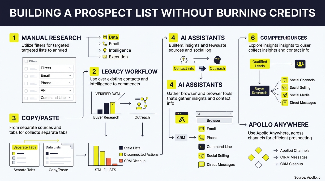 An infographic flowchart outlining six methods for building contact lists through manual research, AI tools, and data management.