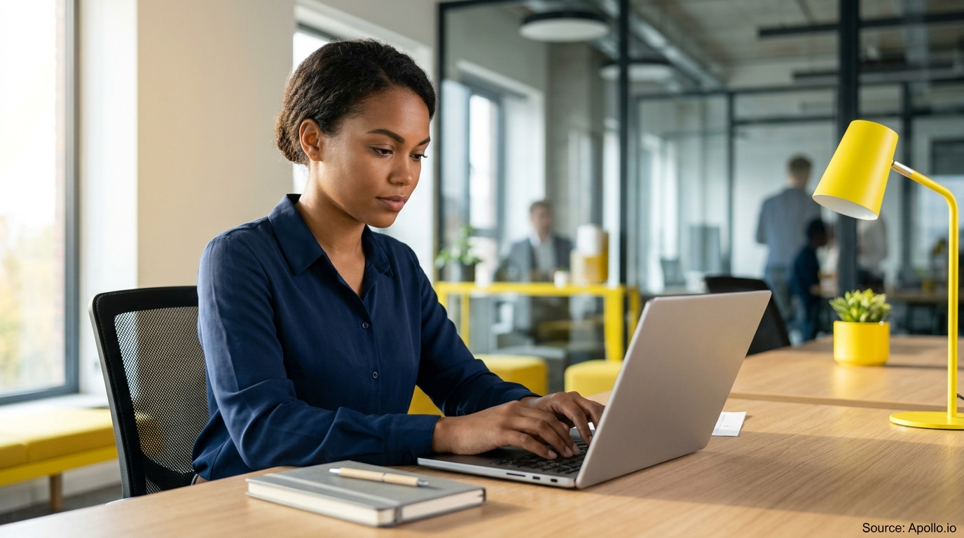A woman works on a laptop at an office desk with two colleagues visible in the background.