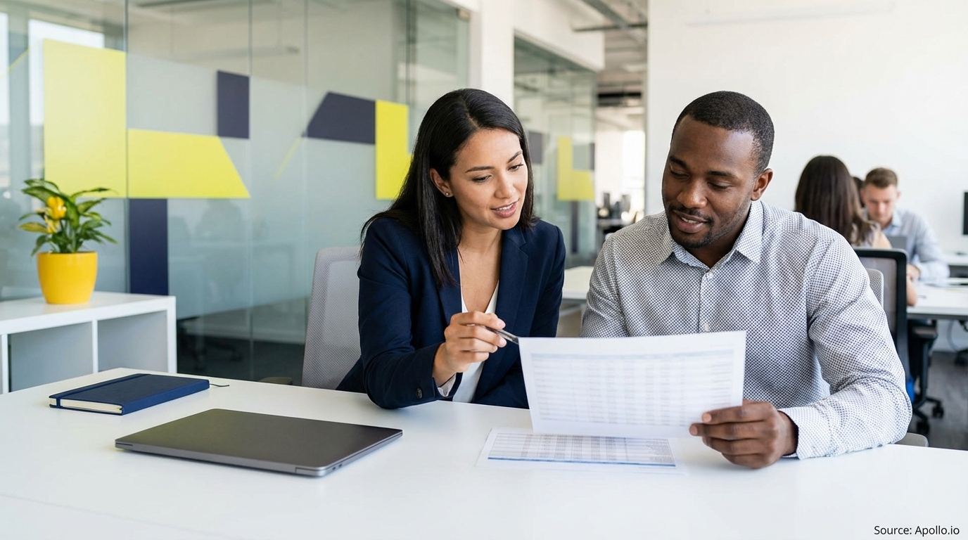 Two colleagues discuss a report at a modern office desk.