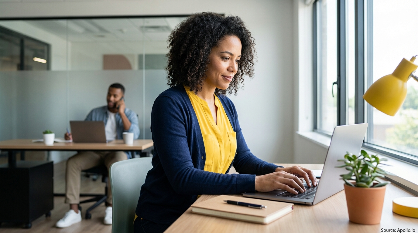 Woman typing on a laptop at an office desk, man on phone in blurred background.
