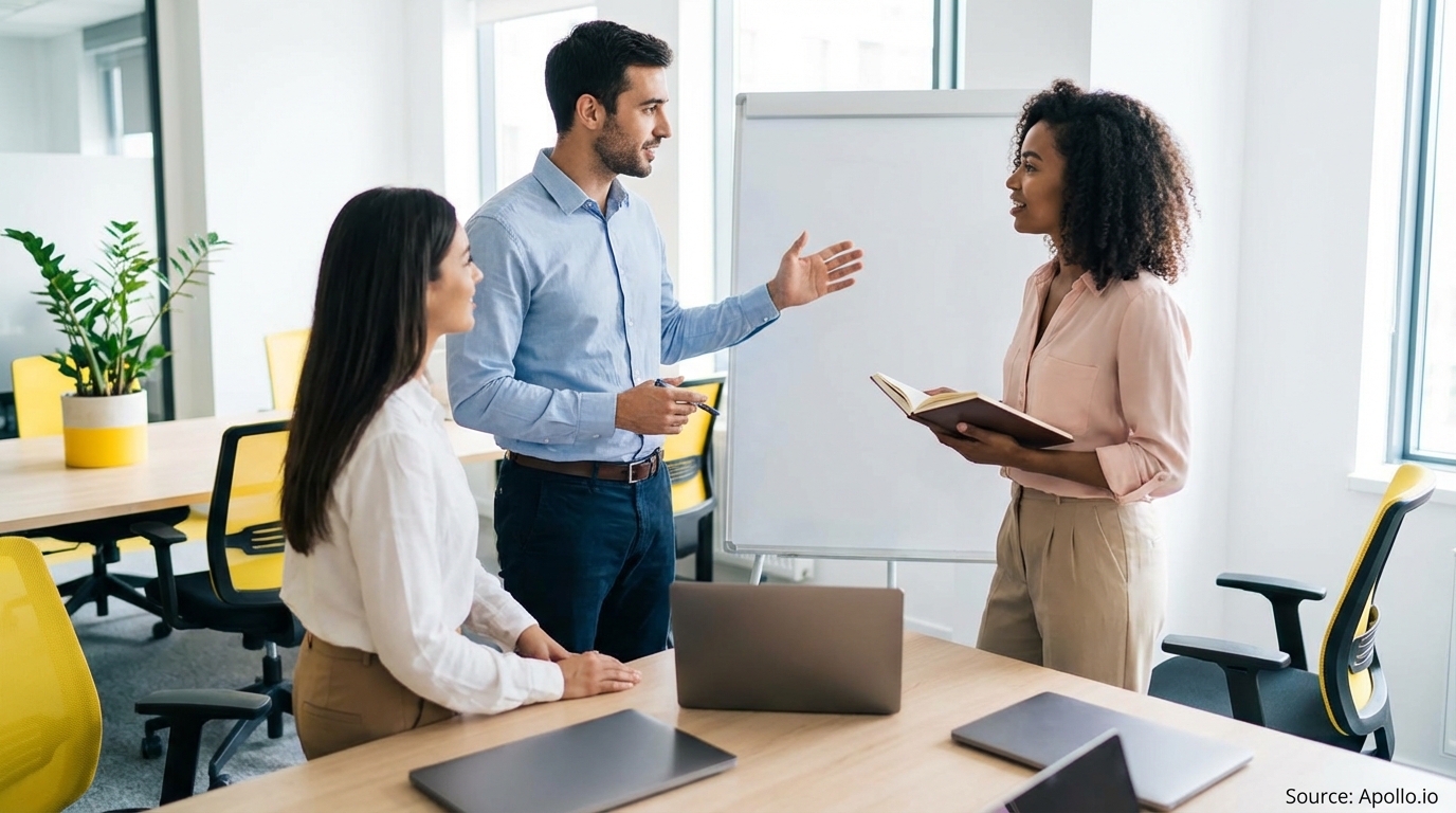 Three colleagues in an office meeting: a man gestures, a woman holds a book, another woman listens.