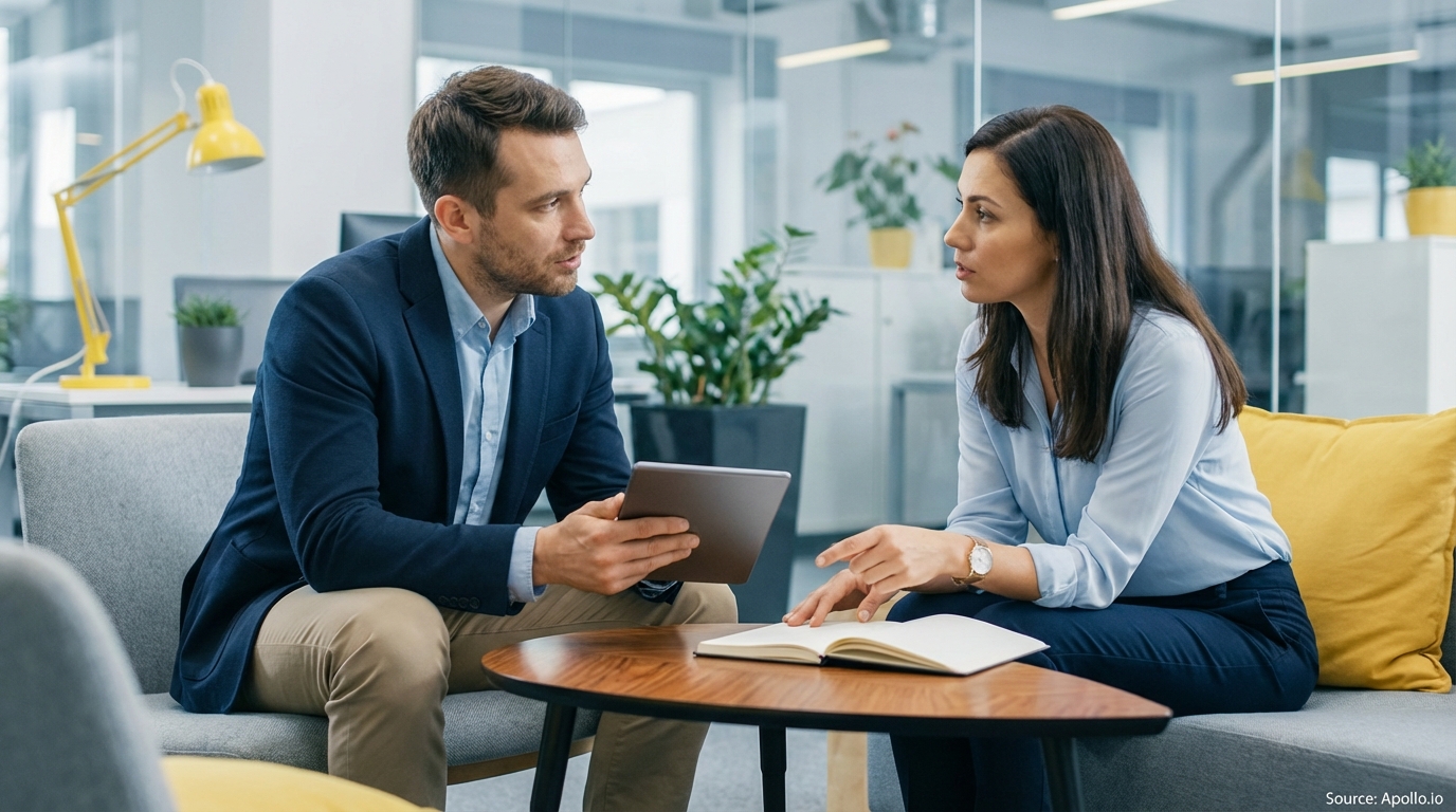 Two professionals discuss business using a tablet and notebook in a modern office setting.