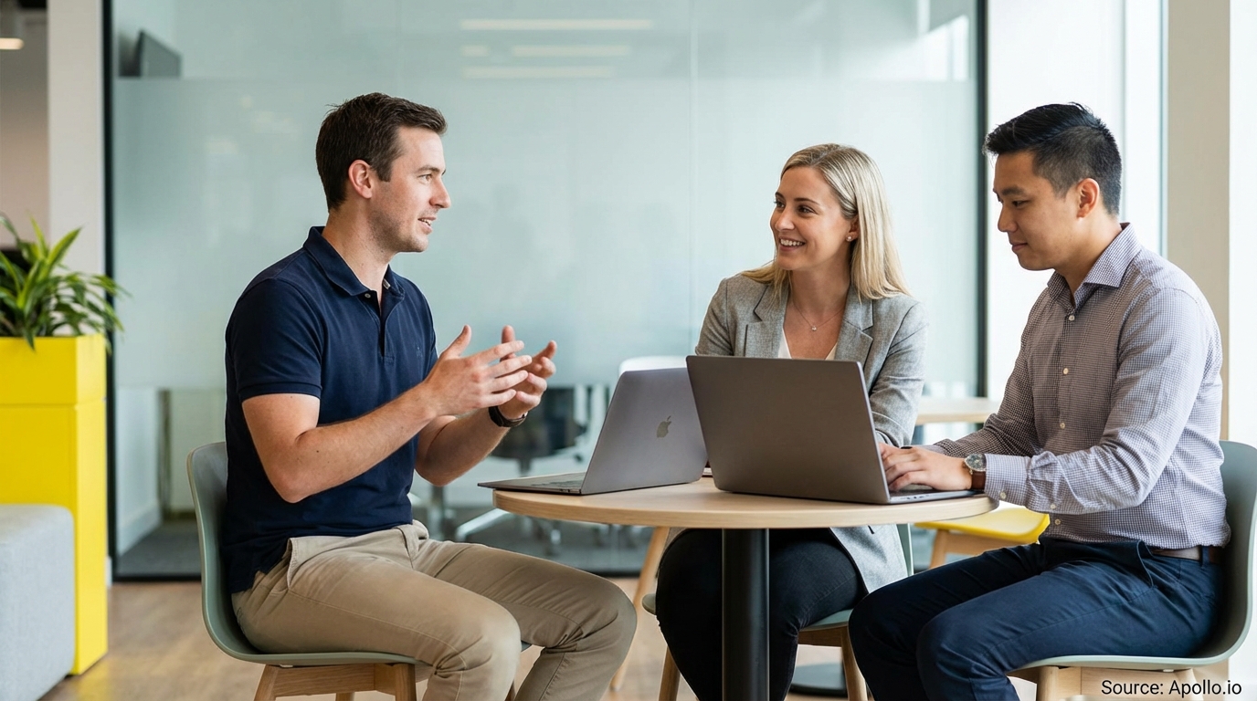 Three colleagues meeting and working on laptops in a bright office.