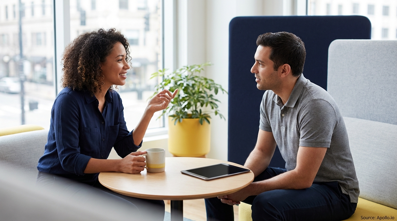 Two colleagues engaging in conversation at a modern office table with a tablet.