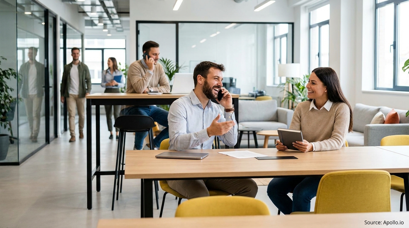 Five people working and collaborating in a bright, modern office environment.
