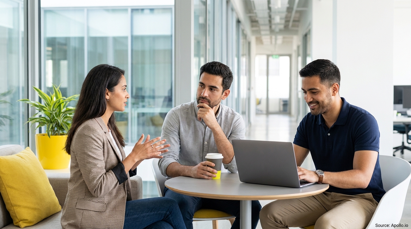 Three professionals collaborate at a table in a modern office, one speaking, one listening, one on laptop.