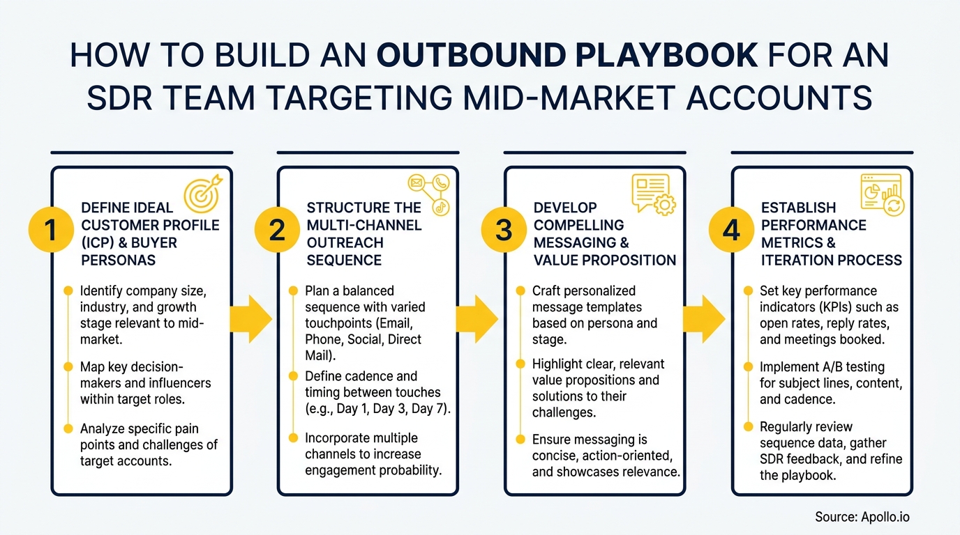 A four-step diagram outlines building an outbound playbook with numbered steps, icons, and descriptive text.