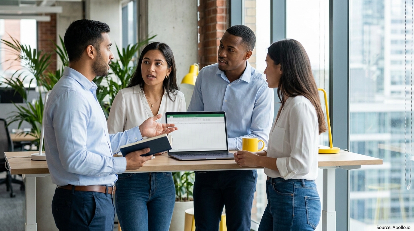Four professionals collaborate at a modern standing desk with a laptop in an office.