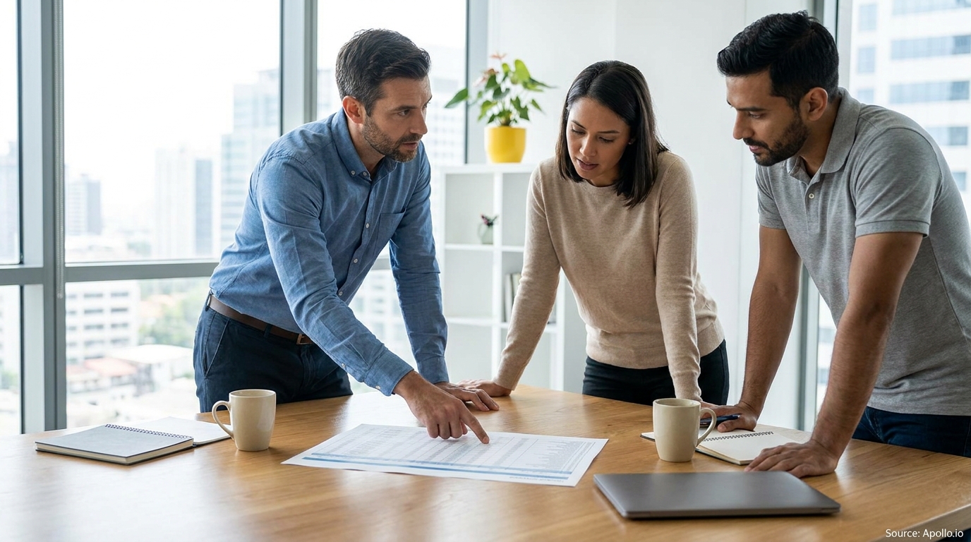 Three colleagues review and discuss a printed report at an office conference table.