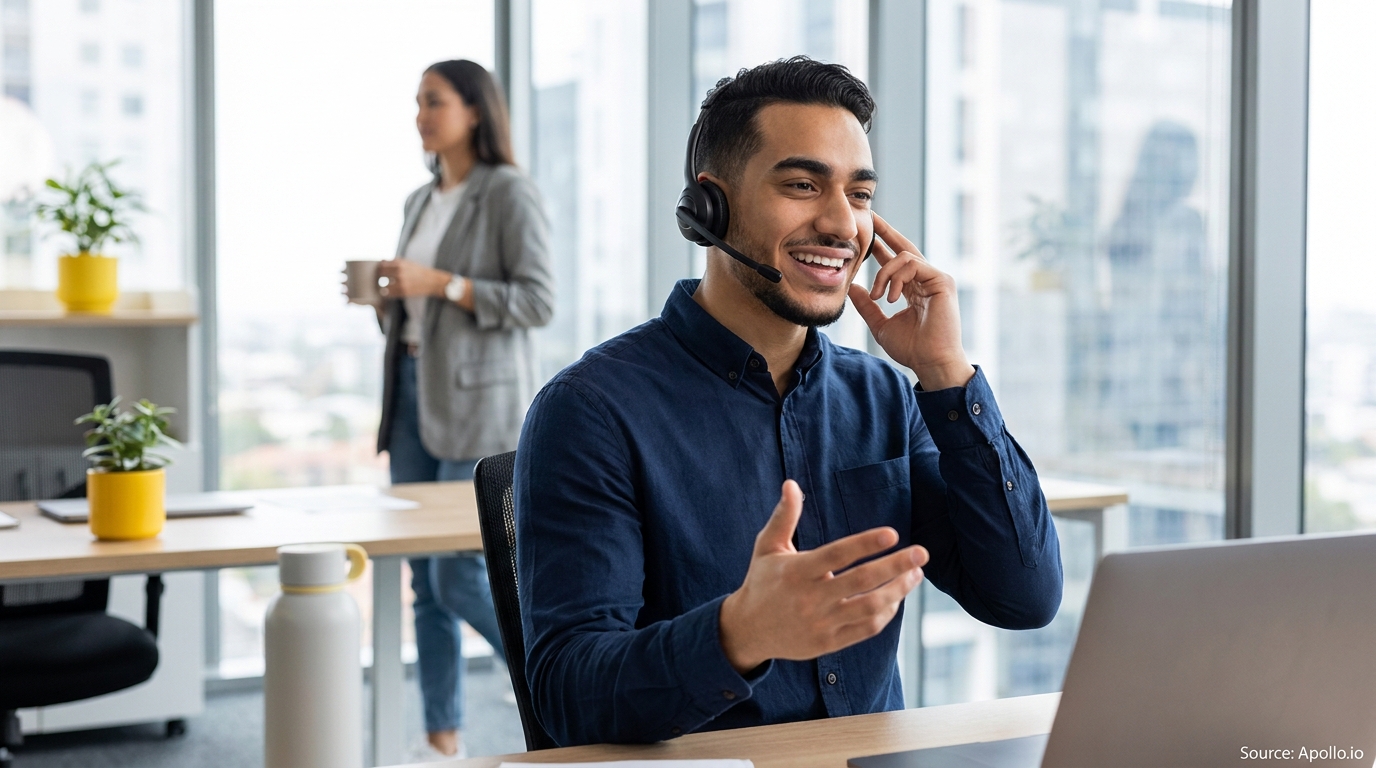 A man wearing a headset talks on a video call while a woman drinks coffee in a bright office.