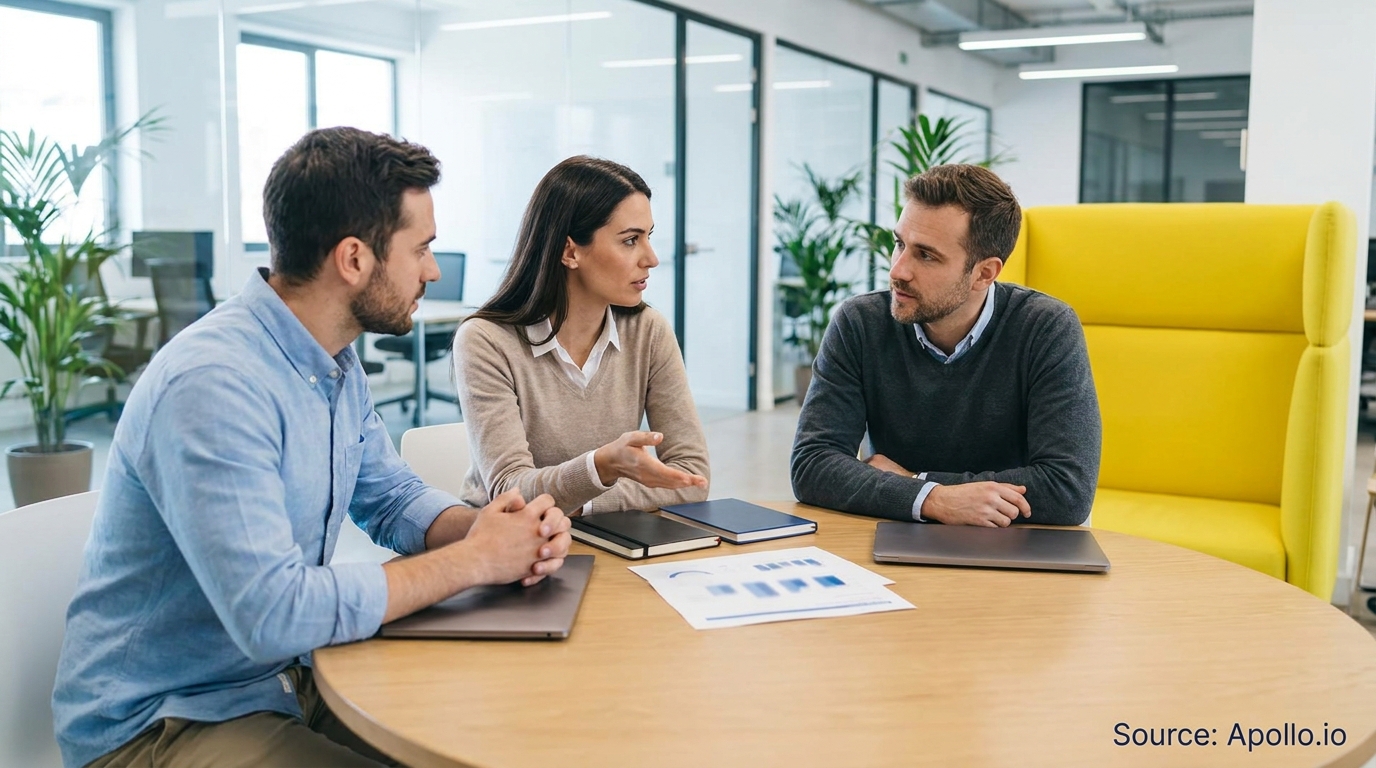 Three professionals discuss at a round table in a bright, modern office.