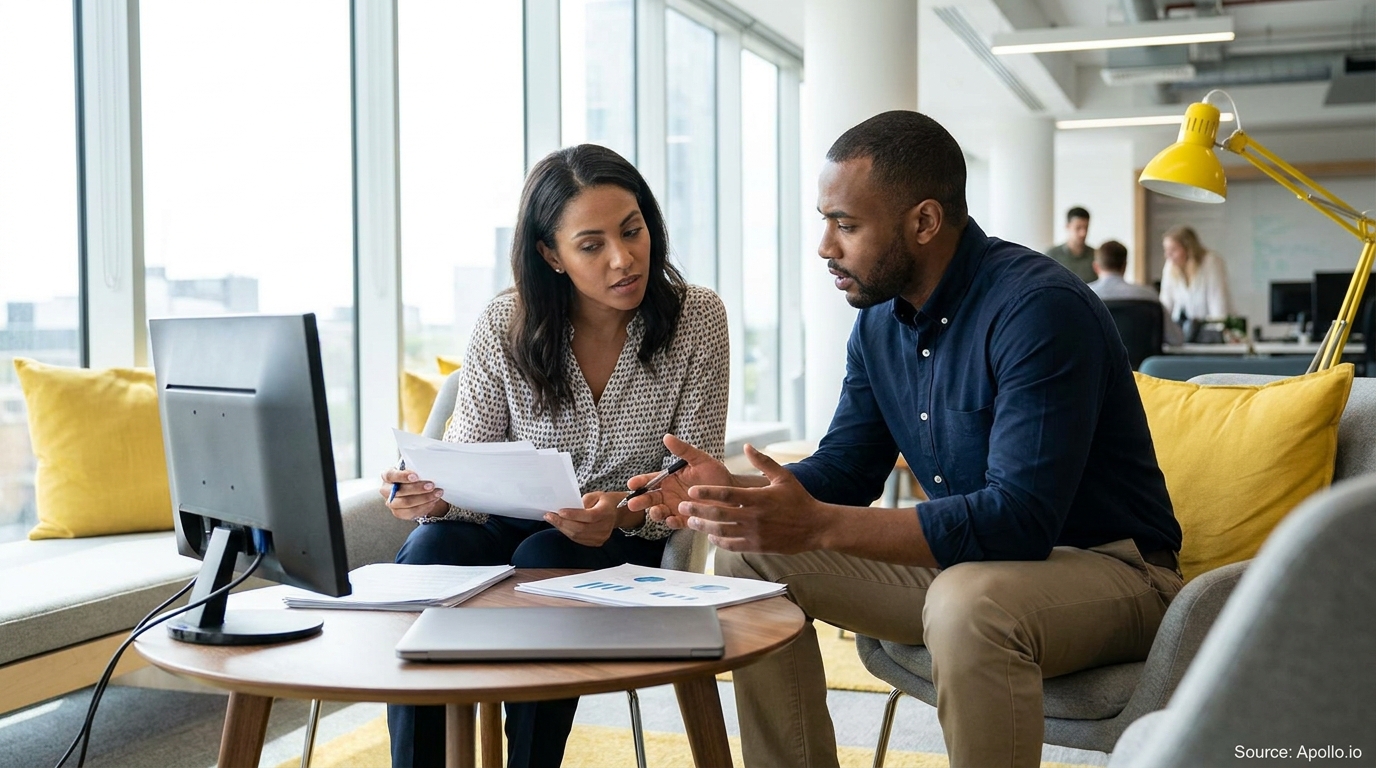 Two professionals discuss documents at a table in a modern office setting.
