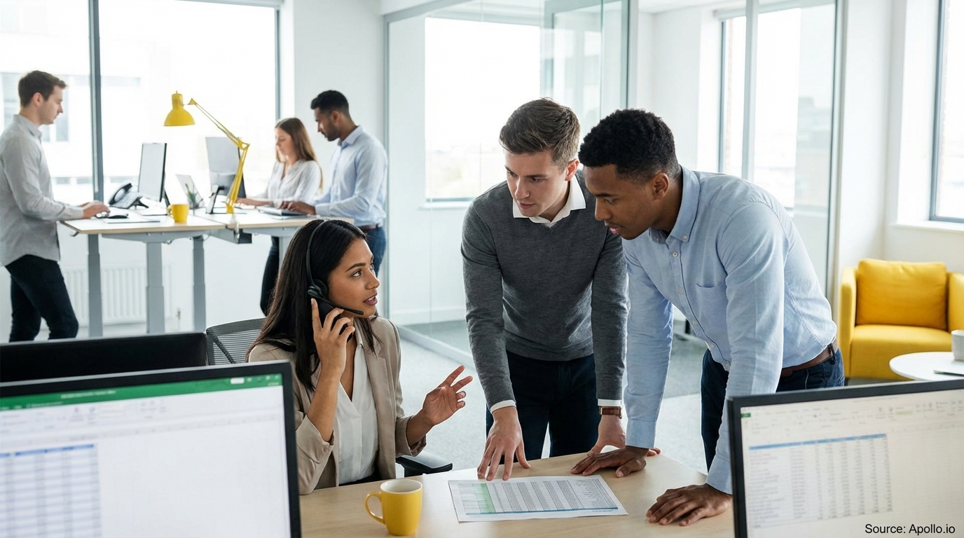 Three professionals discuss documents at a modern office table; one wears a headset, others work.