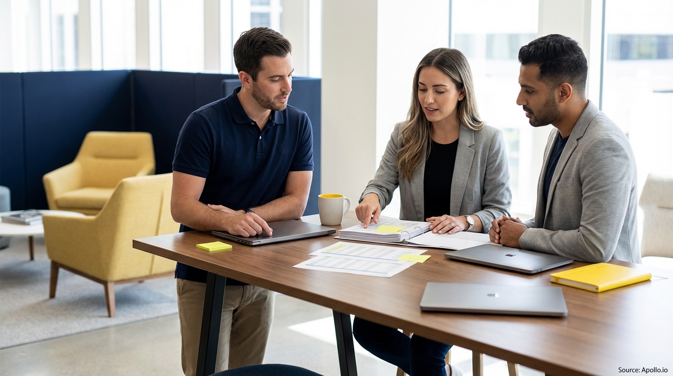 Three professionals discuss documents and laptops at a modern office table.