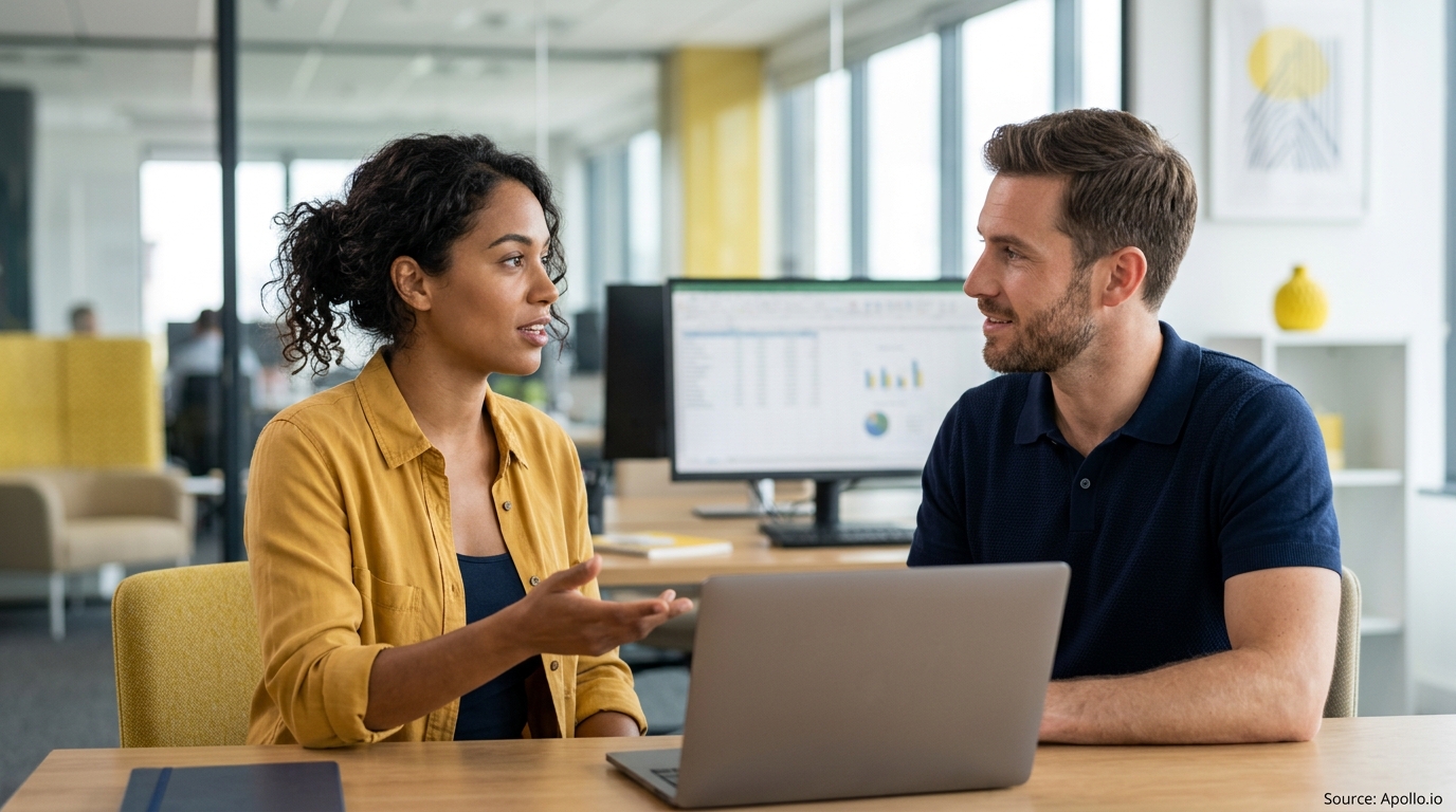 Two colleagues discuss work while sitting with a laptop at a desk in a modern office.