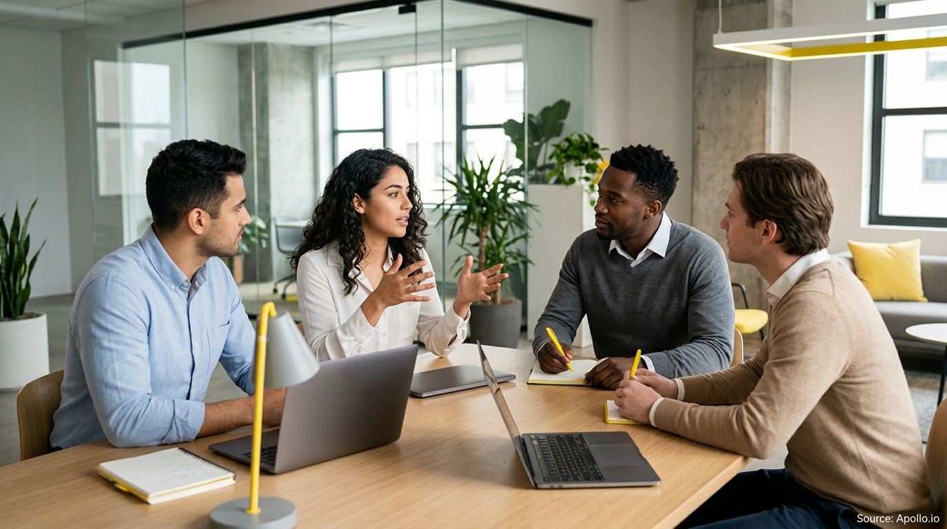 Four business professionals collaborating around a conference table with laptops in a bright, modern office.